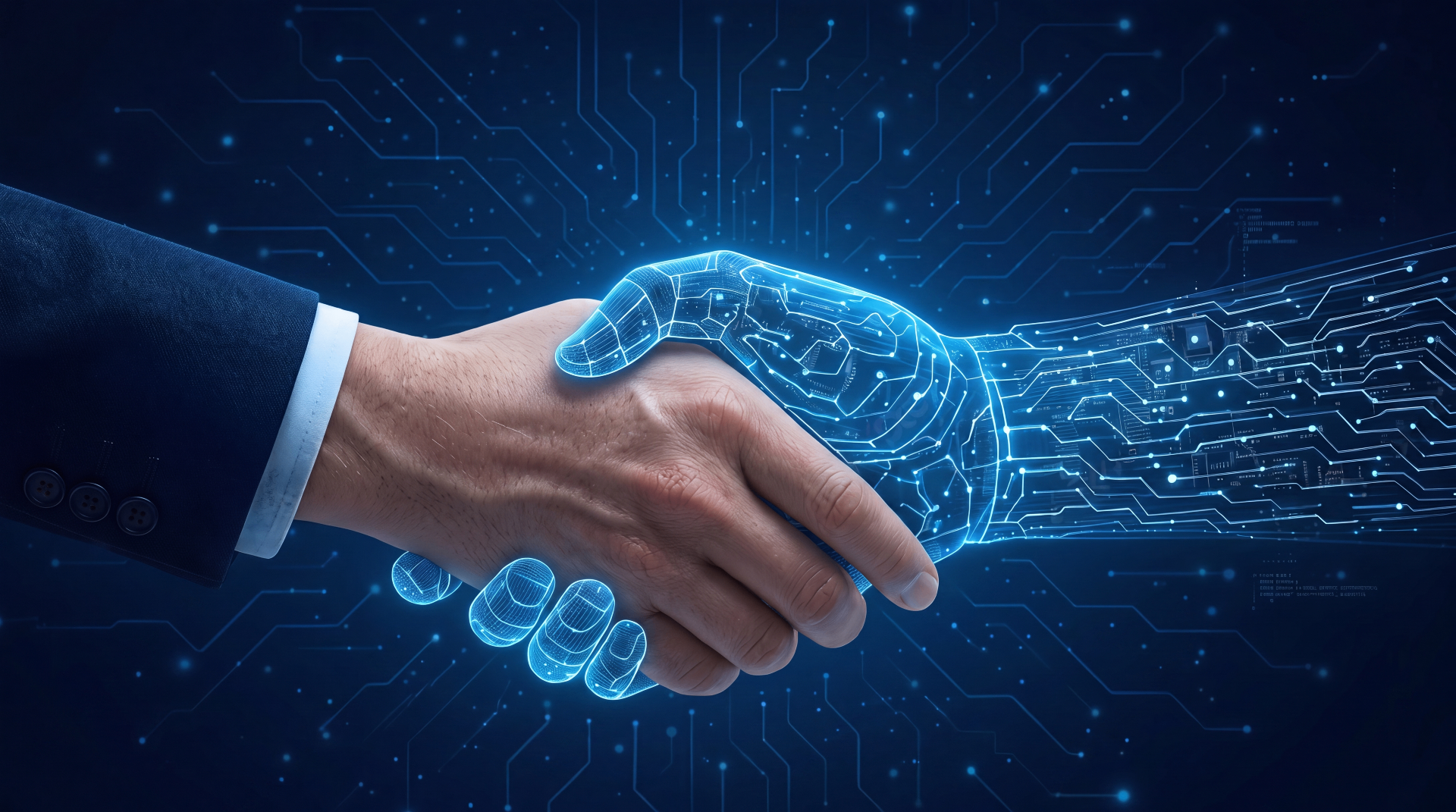 Human and AI partnership handshake